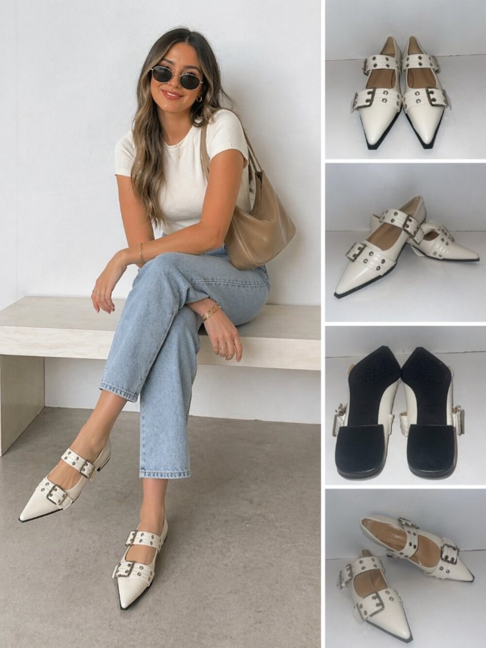 Fashion Buckle Flats Cream Pointy Toe Faux Leather Double Strap Rivet EU40